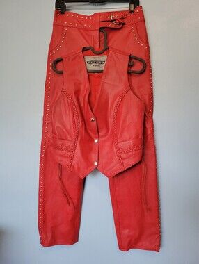UNIK Womens Red Leather Moto Pant Vest Set Size Small